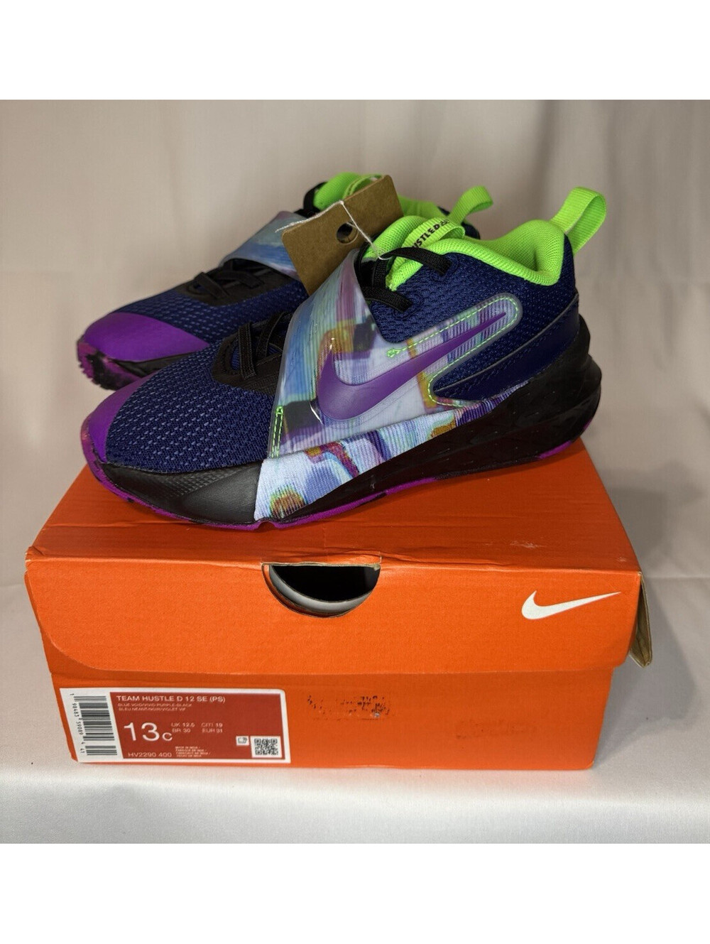 Nike Team Hustle D 12 SE PS Kids Basketball Shoes Blue Purple Volt Size 13C NWT
